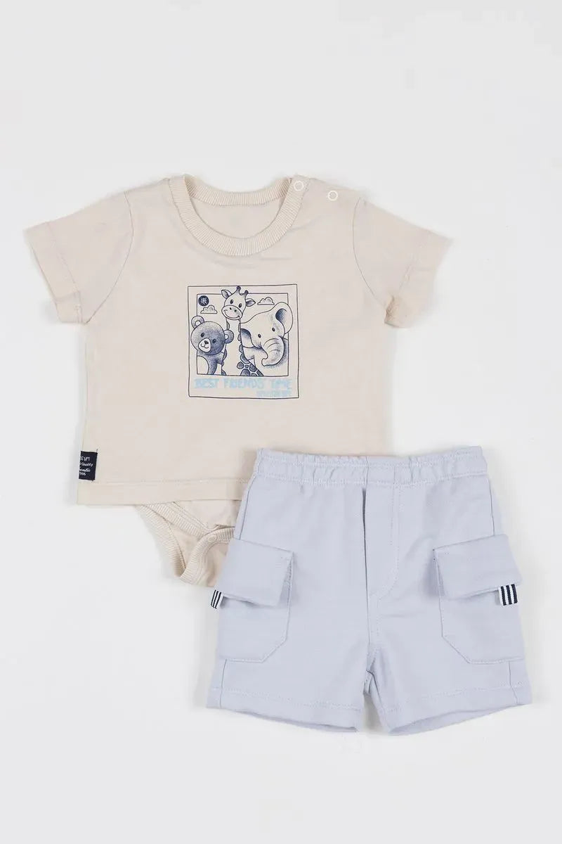 CONJUNTO BABY CAMISETA BODY MALHA 100% ALGODÃO COM ESTAMPA BICHOS E BERMUDA DE MOLETOM