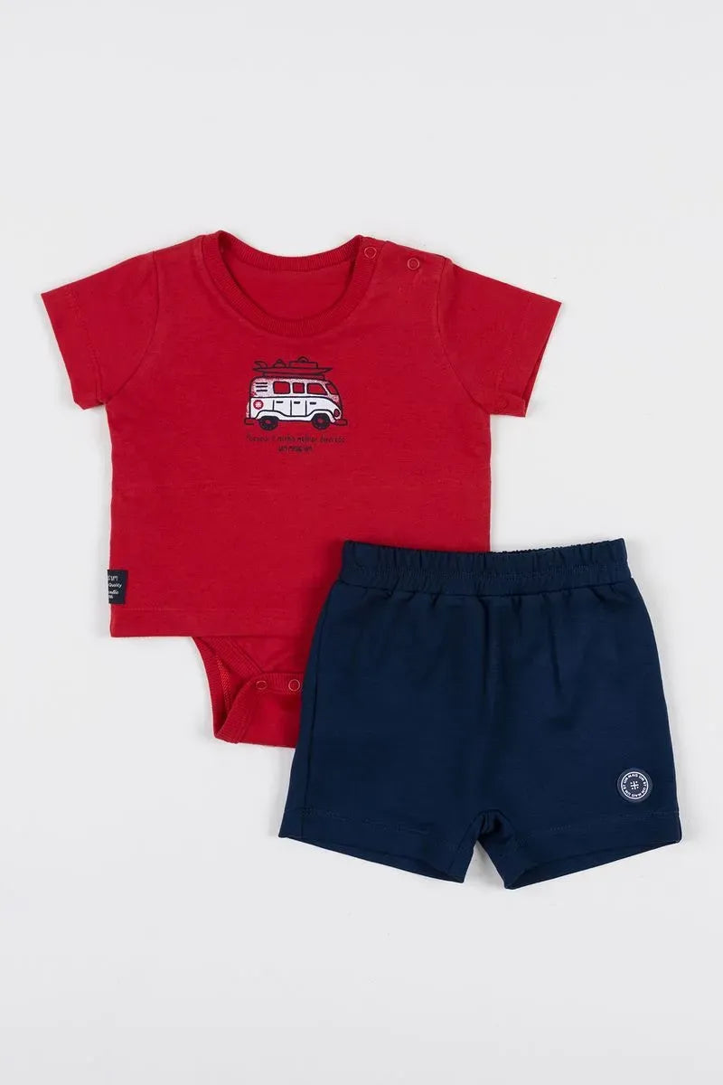 Conjunto Baby com Camiseta Body de Malha 100% Algodão com Estampa e Bermuda de Moletinho de Viscose