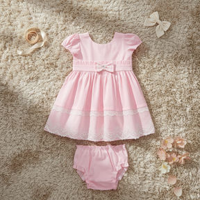 Vestido Tricoline com Tule Renda, Mangas com Preguinhas, Laço Decorativo e Calcinha Infantil Paraiso