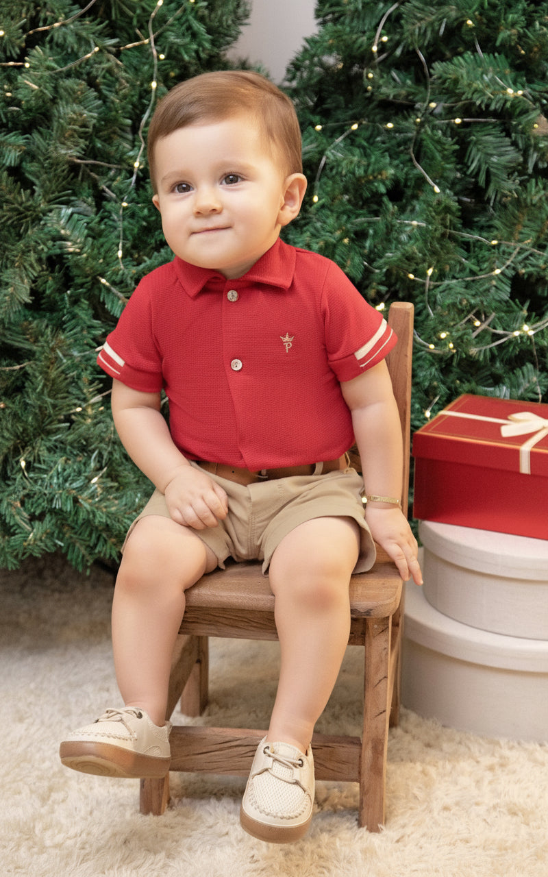 Conjunto Body Meia Manga Bordado com Shorts Sarja Color Estruturada e Cinto Caramelo Paraiso