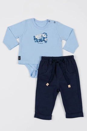 Conjunto Bebê com Camiseta Body de Malha 100% Algodão com Estampa e Calça de Moletinho