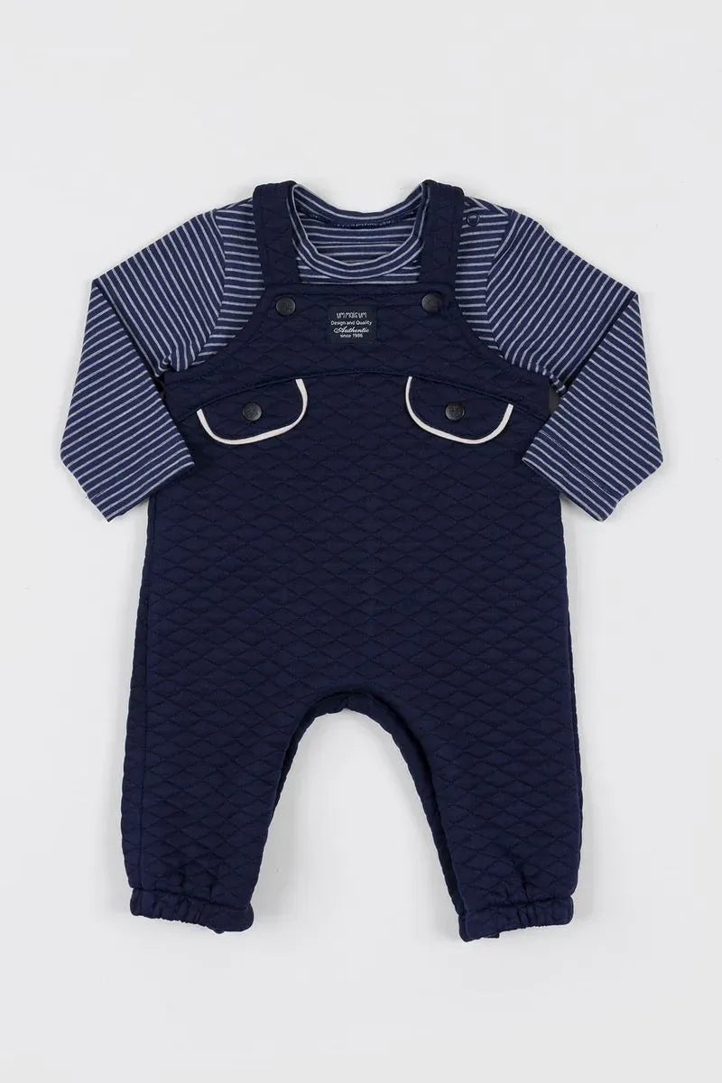 Conjunto Bebê com Camiseta de Cotton Listrado e Jardineira de Malha Jacquard Matelassê